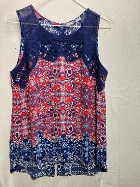 Daniel Rainn Red and Blue Floral Mesh Yoke Tank Top